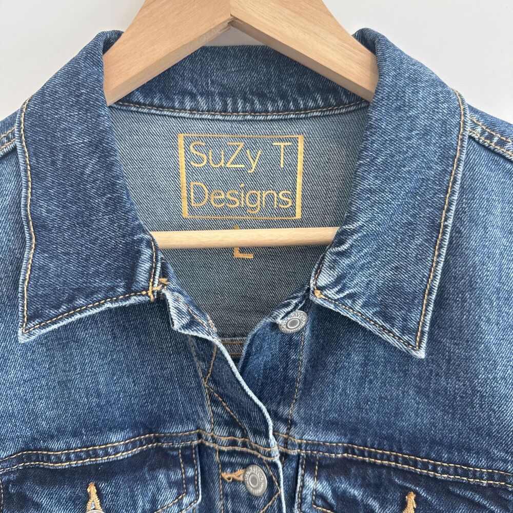 Suzy T Designs Sz L Lace Back Denim Jacket Blue Statement Couture Floral Boho - Picture 10 of 16